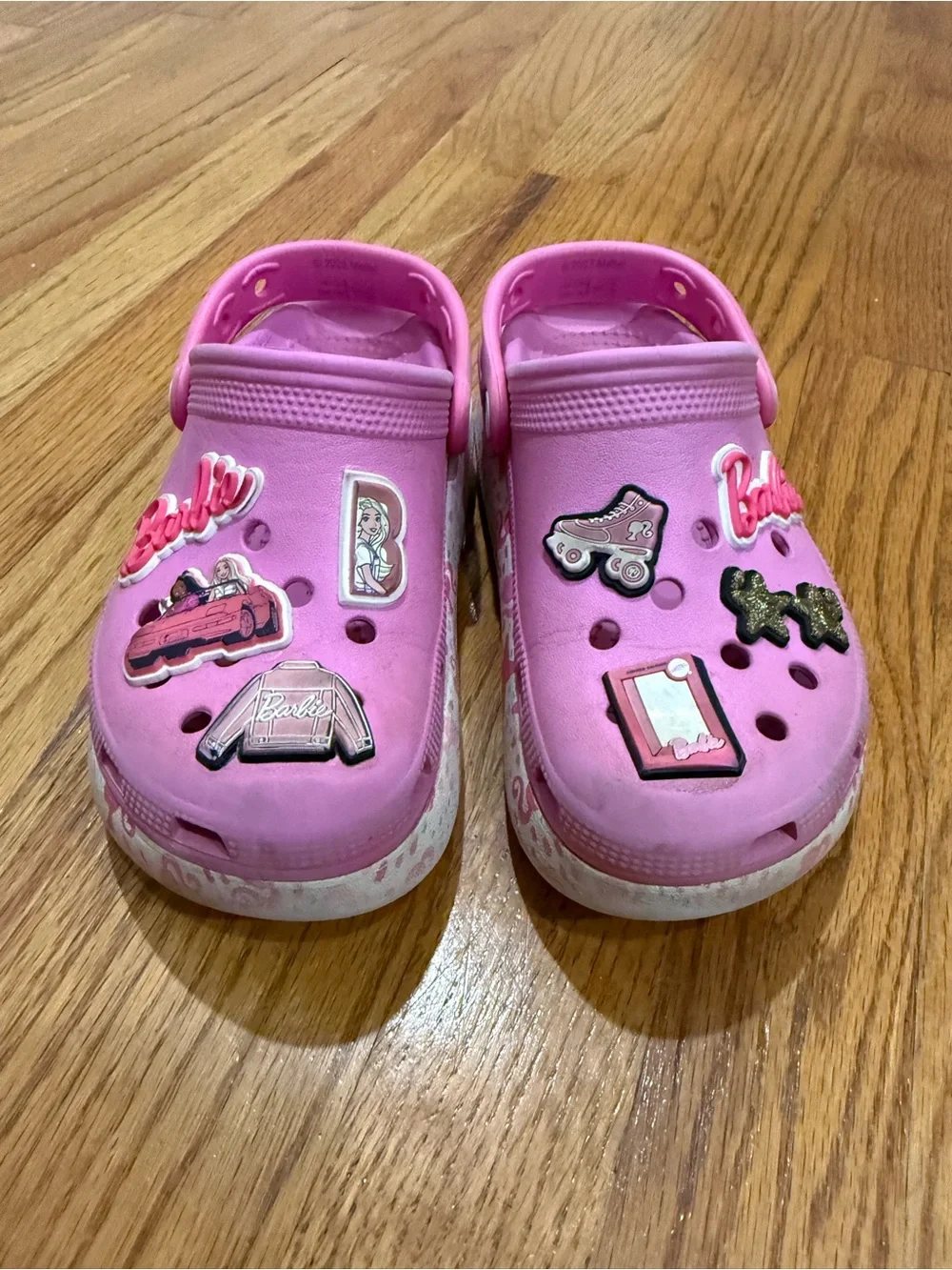 Kids Pink Clog Shoes with Decorative Charms Barbie Crocs J1